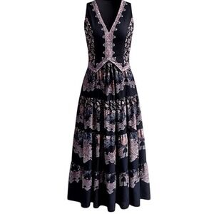 Commense Maxi Dress Bohemian Sleeveless Tiered Paisley Black‎ Dress Size S